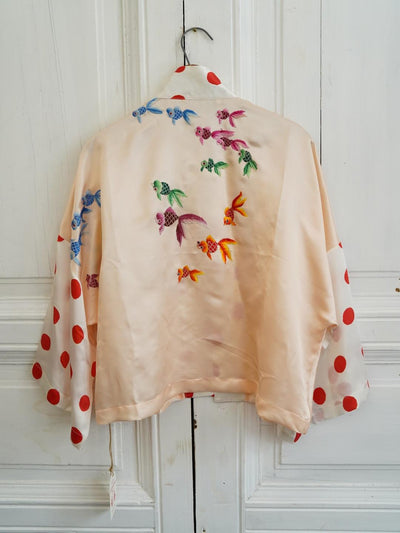Unlogical Poem Polka Dot  Koi Fish  Embroidered Silk  Kimono