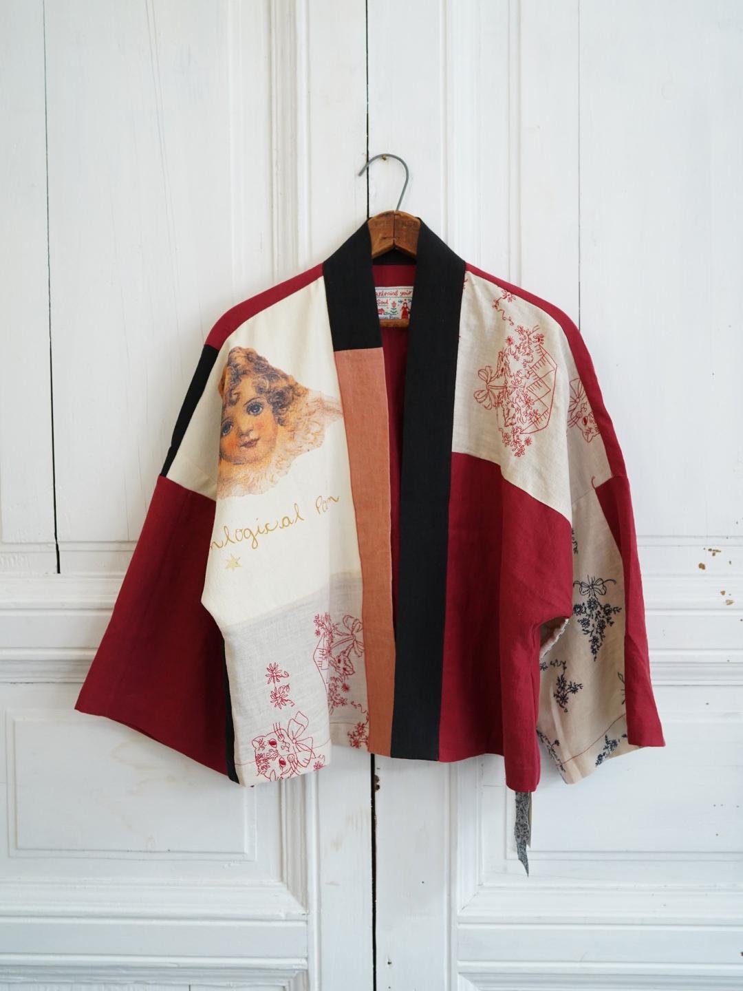 Unlogical Poem Angel Illustration Print Patchwork Cotton Embroidery Kimono