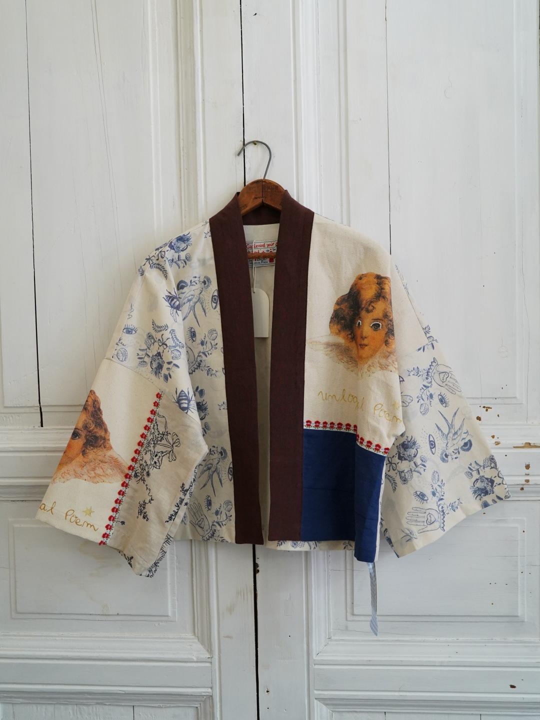 Unlogical Poem Vintage Angel Illustration Print Ethnic Embroidery  Kimono