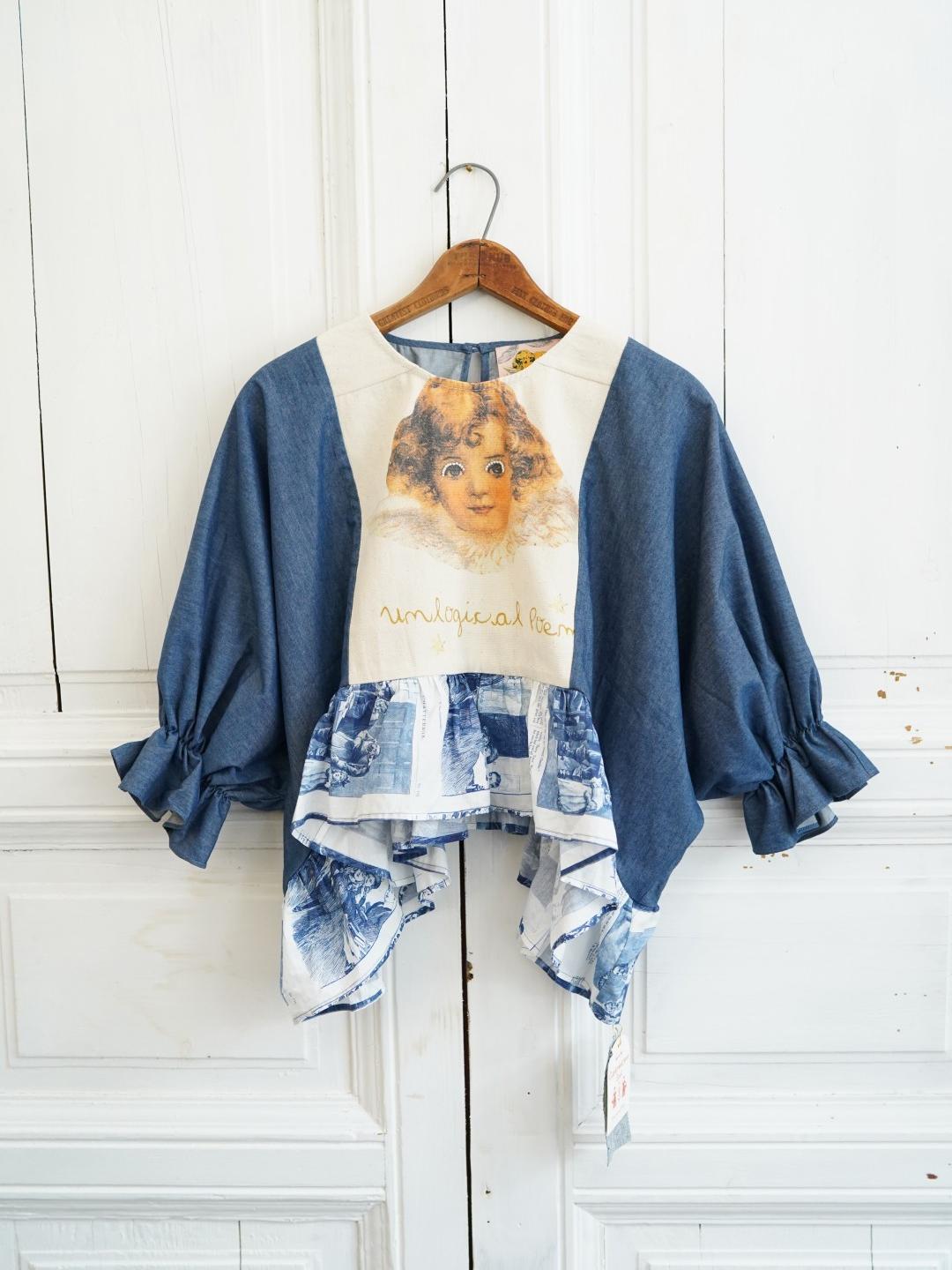 Unlogical Poem Vintage Comic Print Denim with Angel Motifs Blouse