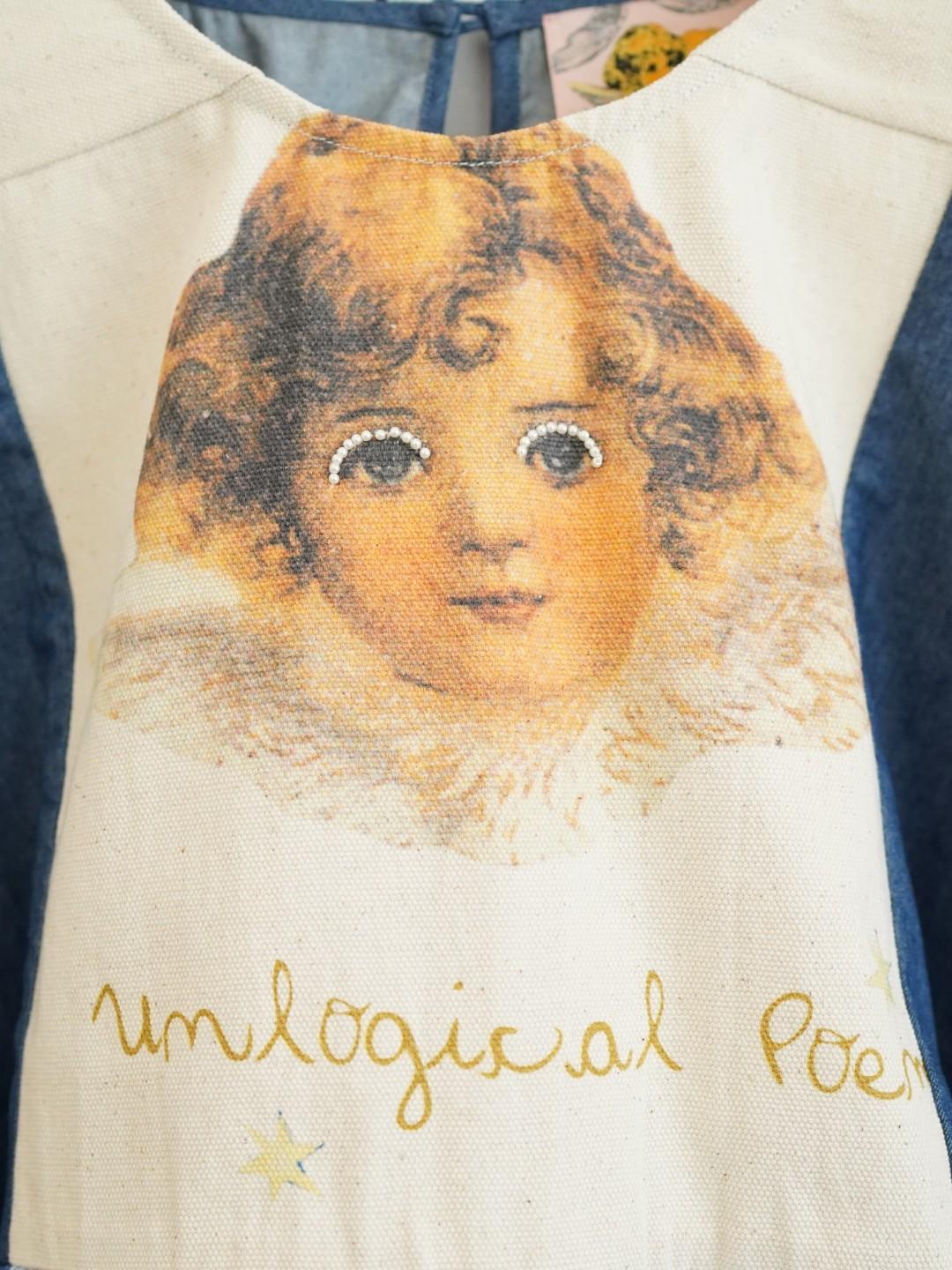 Unlogical Poem Vintage Comic Print Denim with Angel Motifs Blouse