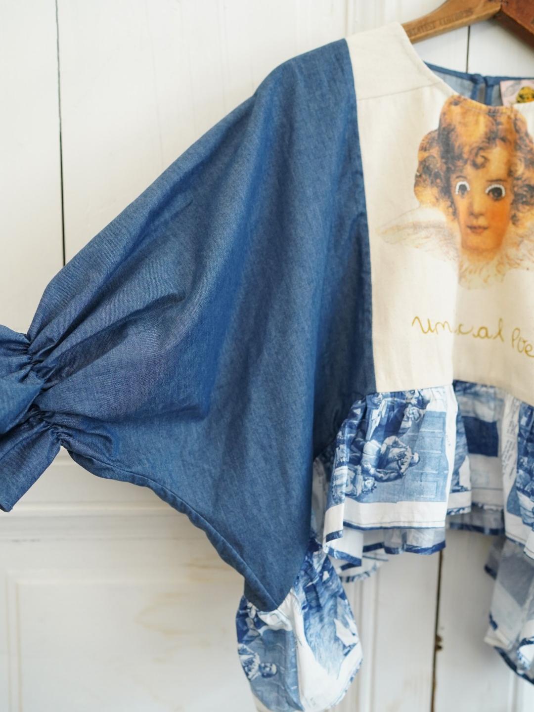 Unlogical Poem Vintage Comic Print Denim with Angel Motifs Blouse
