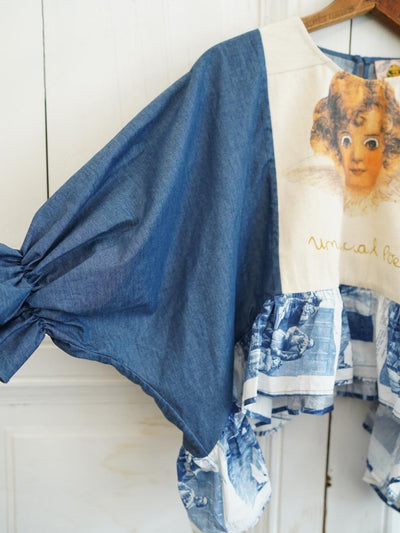 Unlogical Poem Vintage Comic Print Denim with Angel Motifs Blouse