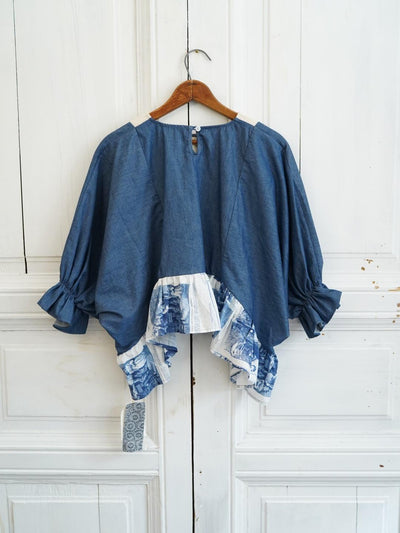 Unlogical Poem Vintage Comic Print Denim with Angel Motifs Blouse