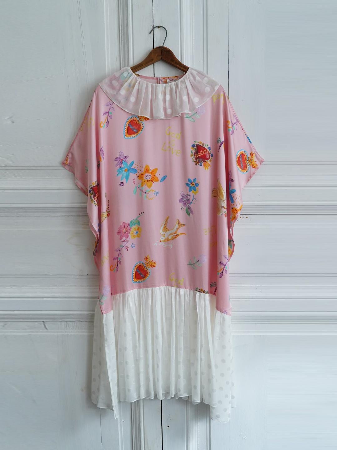 Unlogical Poem Polka Dot Tulle Illustration Print Silk Dress
