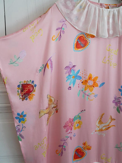 Unlogical Poem Polka Dot Tulle Illustration Print Silk Dress