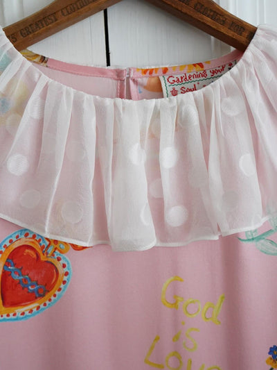 Unlogical Poem Polka Dot Tulle Illustration Print Silk Dress