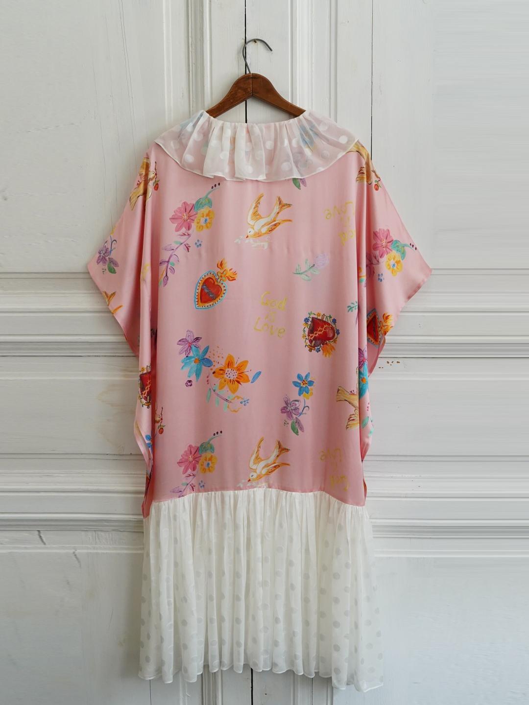 Unlogical Poem Polka Dot Tulle Illustration Print Silk Dress