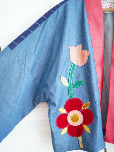 Unlogical Poem Vintage Floral Collage Stripe Patchwork Denim  Kimono