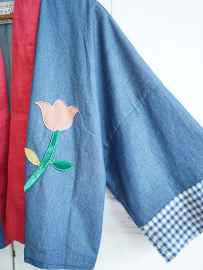 Unlogical Poem Vintage Floral Collage Stripe Patchwork Denim  Kimono