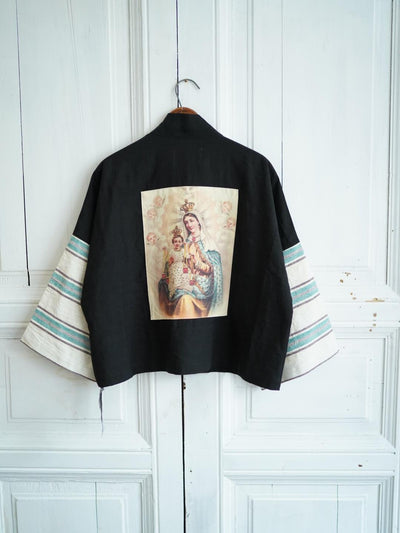 Unlogical Poem Angel Illustration Print  Embroidered Striped Linen-Cotton  Kimono