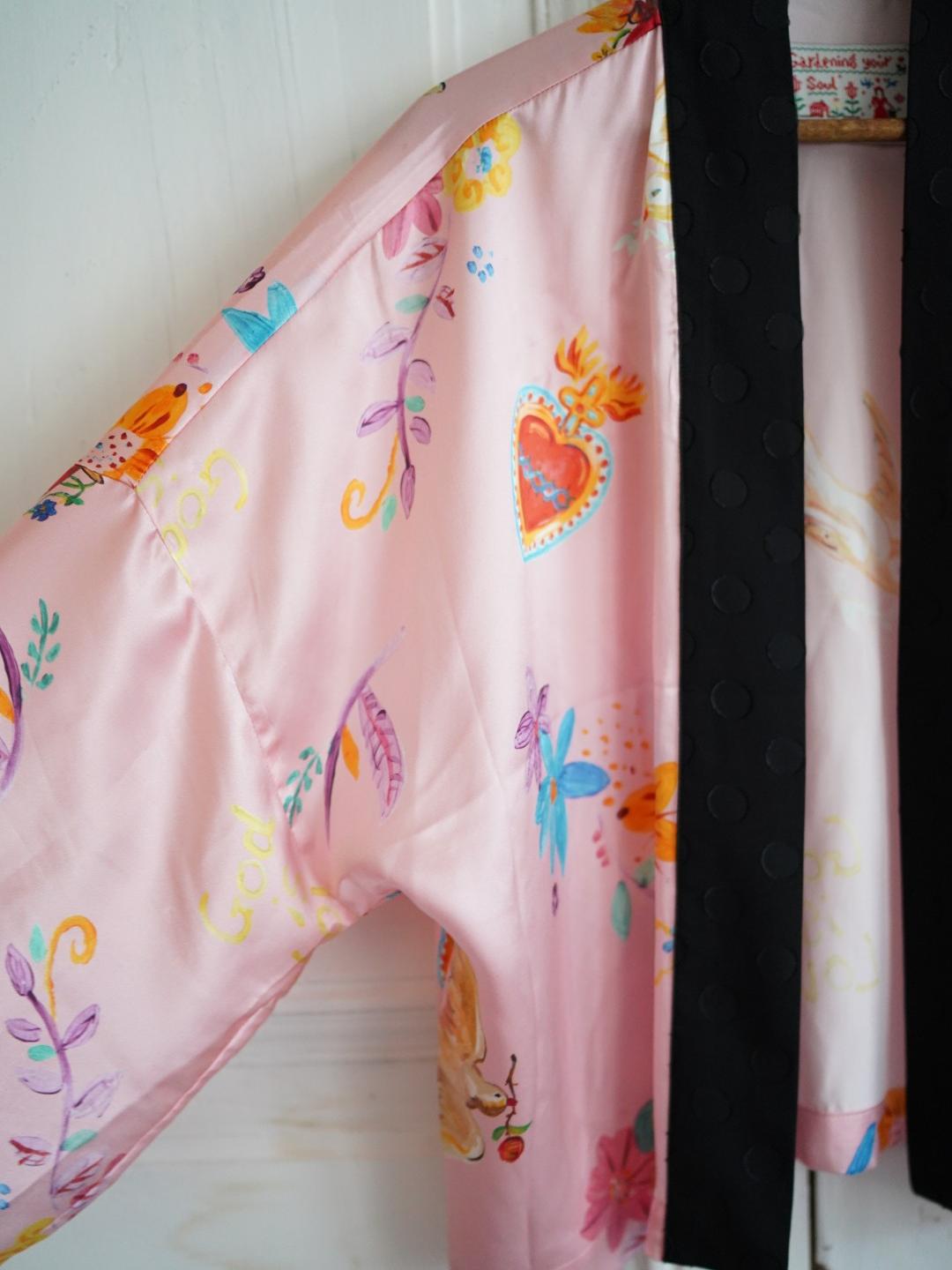 Unlogical Poem Vintage Tulle Illustration Print Silk  Kimono