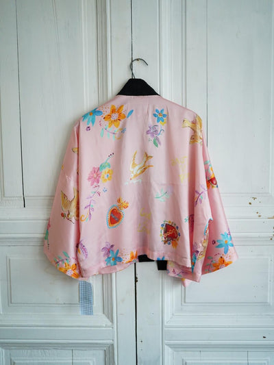 Unlogical Poem Vintage Tulle Illustration Print Silk  Kimono