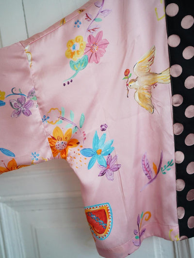 Unlogical Poem Polka Dot Tulle Illustration Print Silk  Kimono