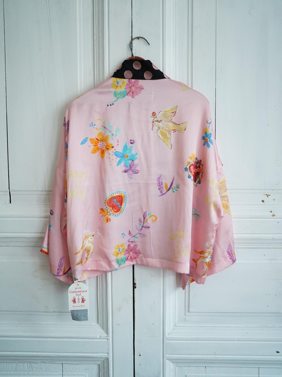 Unlogical Poem Polka Dot Tulle Illustration Print Silk  Kimono