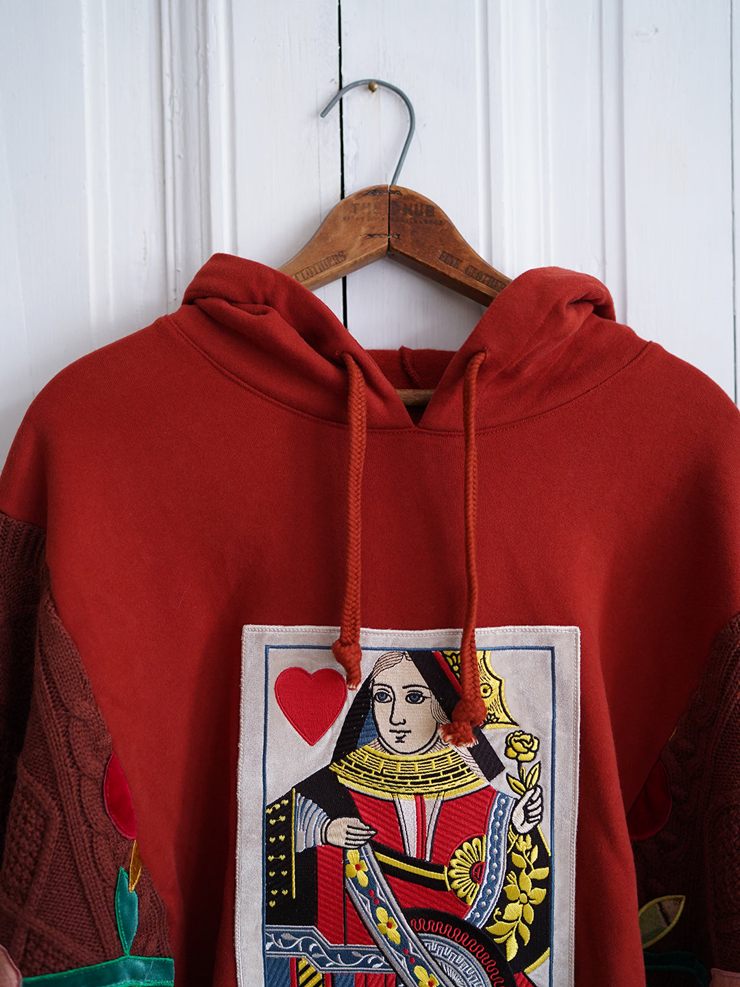 Unlogical Poem Poker Embroidery Patchwork Knitted Red Hoodie