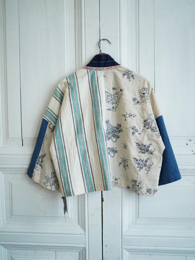 Unlogical Poem Vintage Floral Collage Stripe Patchwork Denim  Kimono