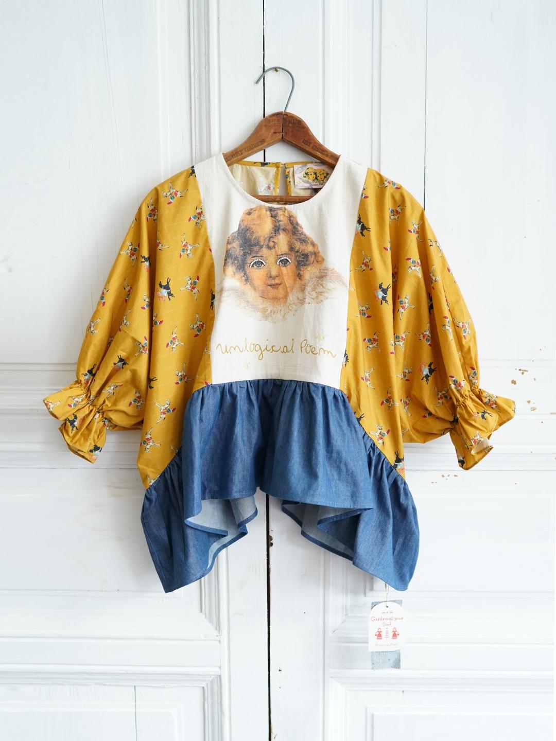 Unlogical Poem Vintage Circus Print Denim with Angel Motifs Blouse