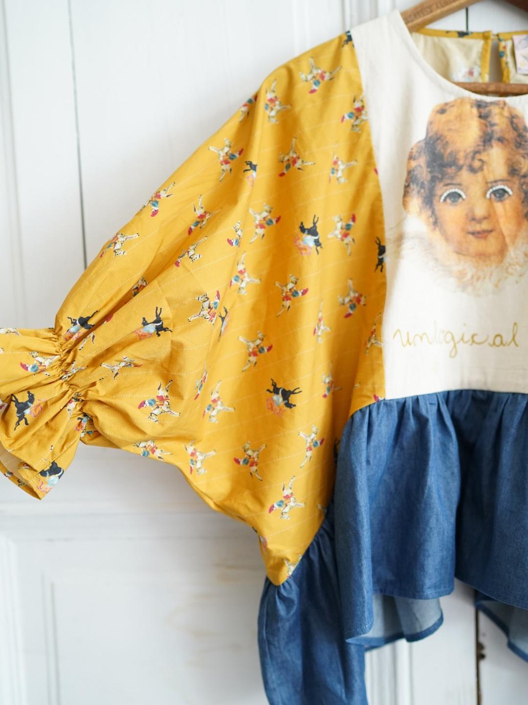 Unlogical Poem Vintage Circus Print Denim with Angel Motifs Blouse