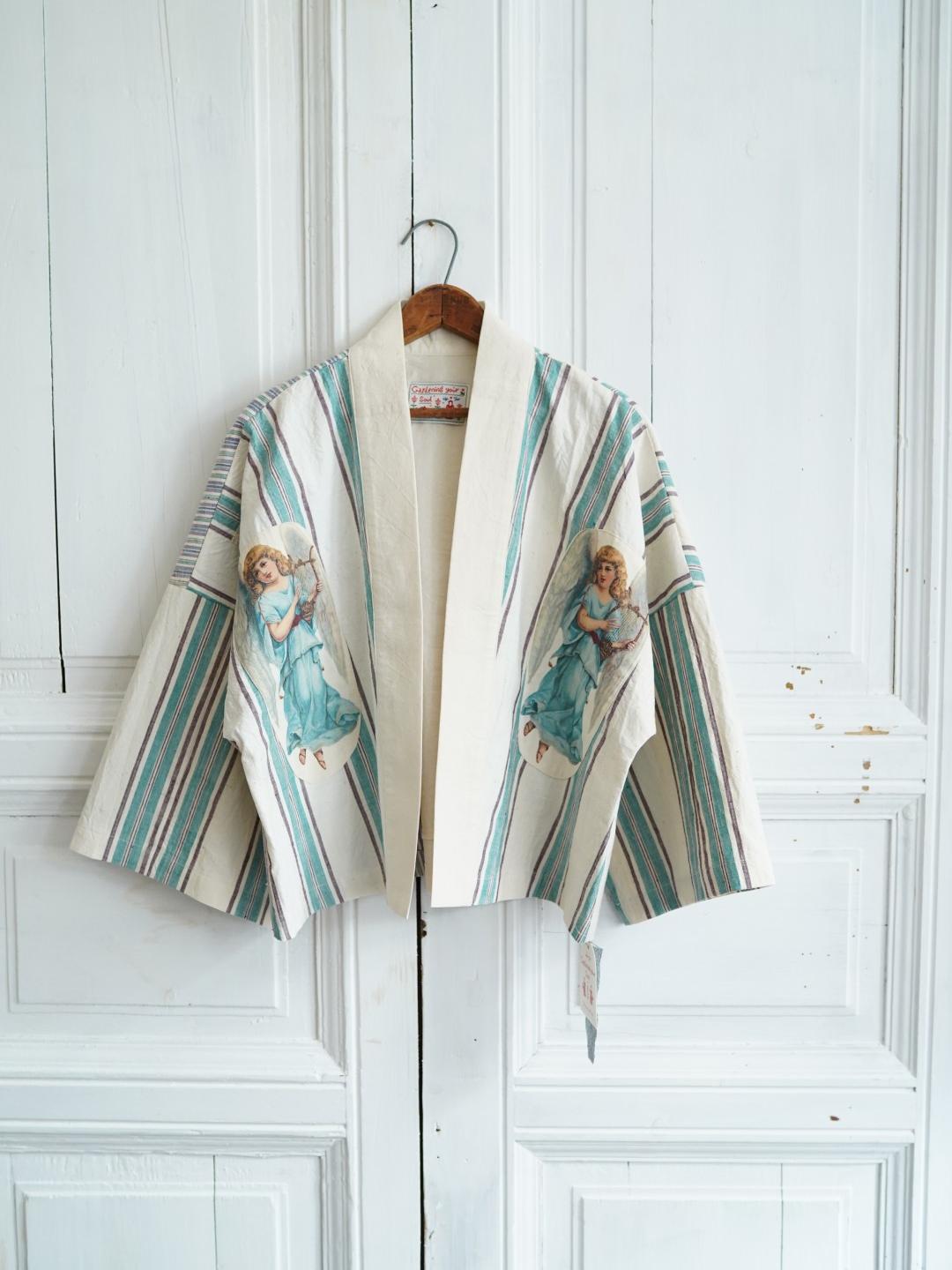 Unlogical Poem Striped Print Angel Appliqué Embroidered Kimono