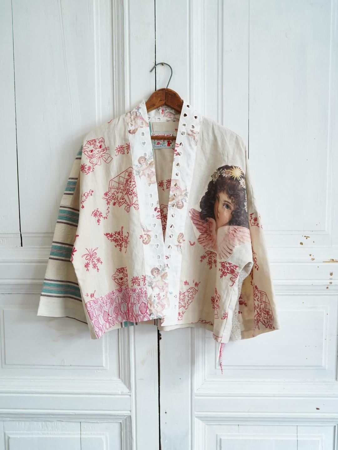 Unlogical Poem Collage Angel Print  Embroidered Patchwork Cotton  Kimono