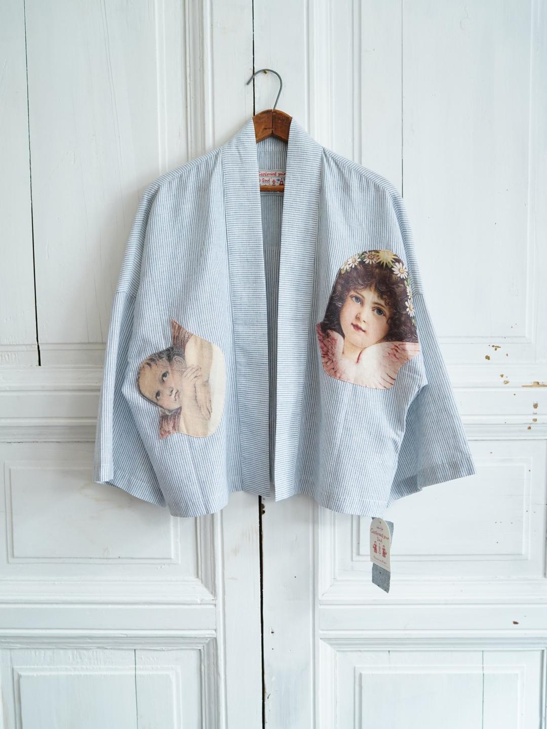 Unlogical Poem Angel Appliqué Embroidered Striped Linen-Cotton  Kimono