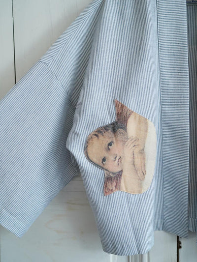 Unlogical Poem Angel Appliqué Embroidered Striped Linen-Cotton  Kimono