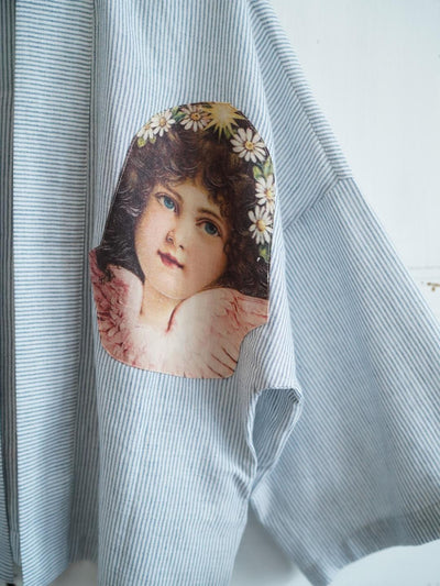 Unlogical Poem Angel Appliqué Embroidered Striped Linen-Cotton  Kimono