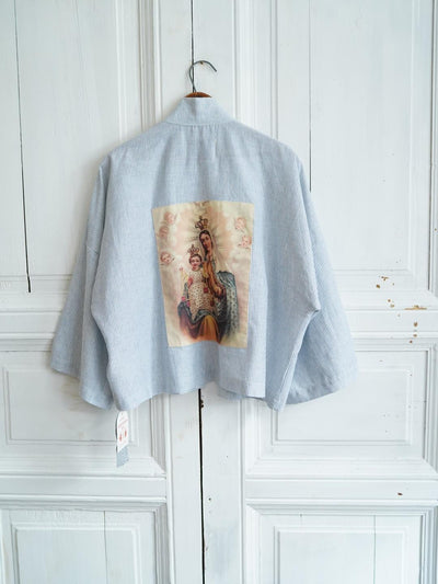 Unlogical Poem Angel Appliqué Embroidered Striped Linen-Cotton  Kimono