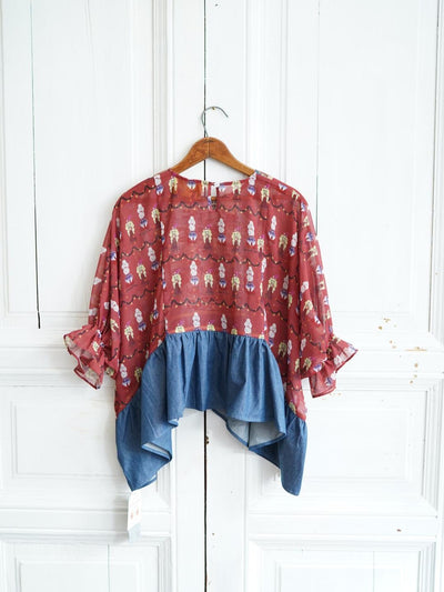 Unlogical Poem Printed Color-Block Denim Blouse