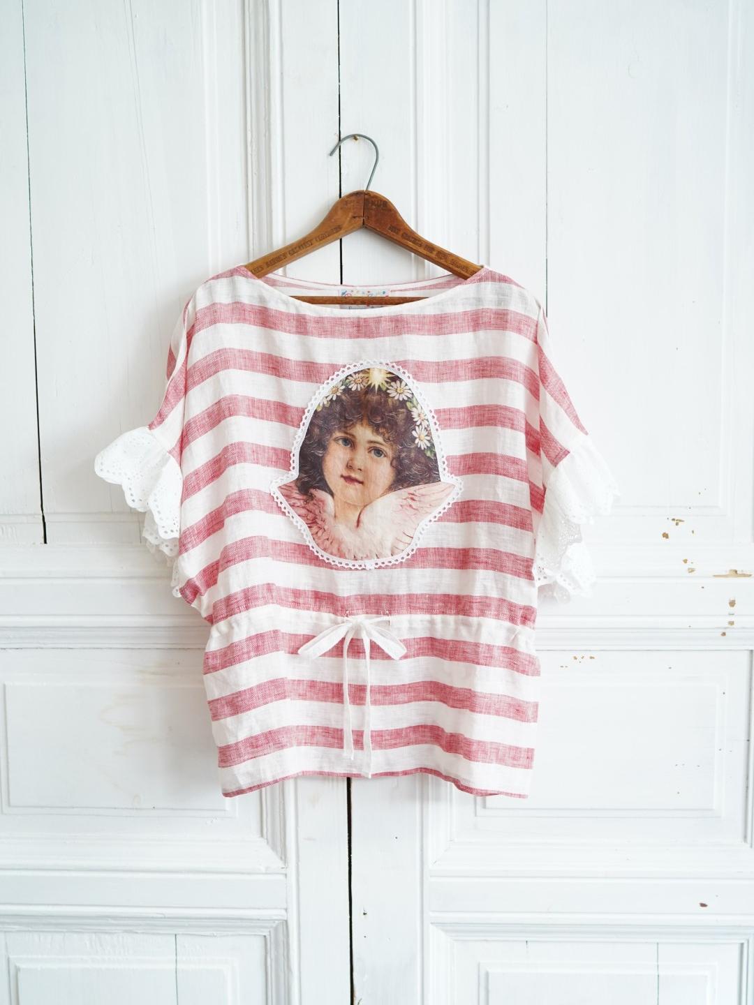 Unlogical Poem Angel Illustration Print Patchwork Lace Breton Blouse Flax Top