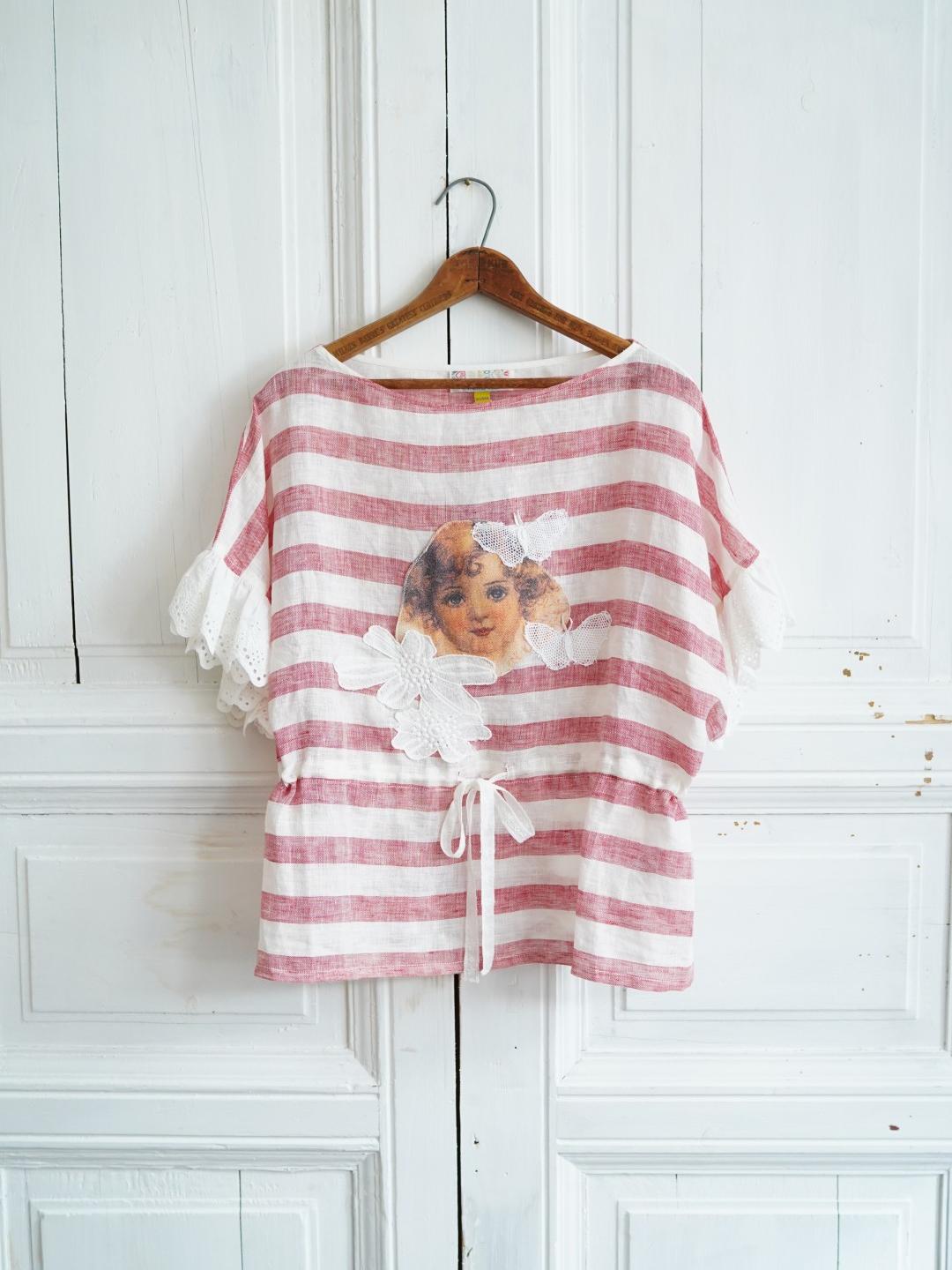 Unlogical Poem Angel Illustration Print Patchwork Lace Breton Blouse Flax Top