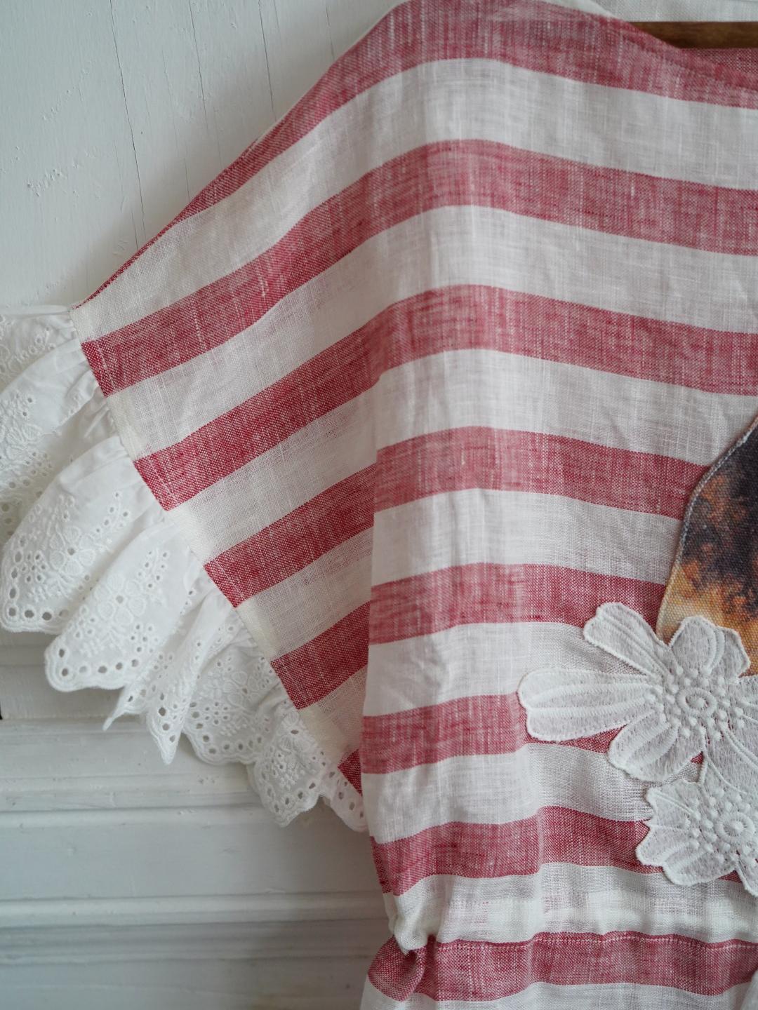 Unlogical Poem Angel Illustration Print Patchwork Lace Breton Blouse Flax Top