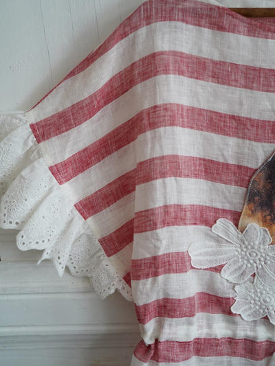 Unlogical Poem Angel Illustration Print Patchwork Lace Breton Blouse Flax Top