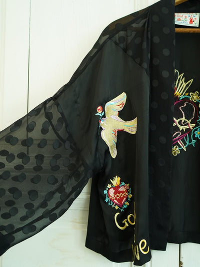 Unlogical Poem Hand-Painted Sacred Heart & Dove Embroidery Patchwork Dot  Kimono