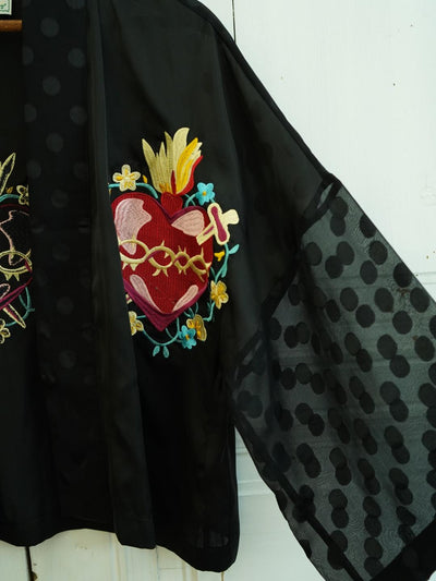 Unlogical Poem Hand-Painted Sacred Heart & Dove Embroidery Patchwork Dot  Kimono