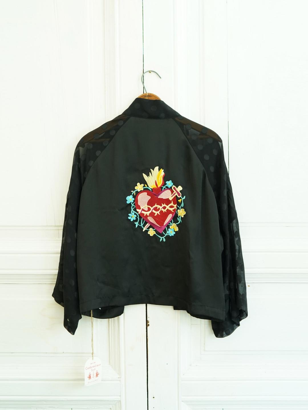 Unlogical Poem Hand-Painted Sacred Heart & Dove Embroidery Patchwork Dot  Kimono