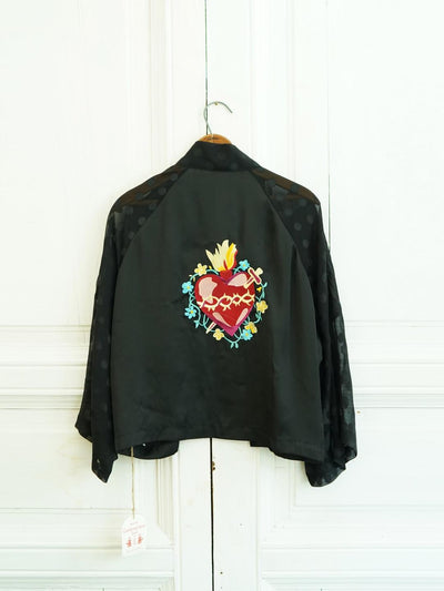Unlogical Poem Hand-Painted Sacred Heart & Dove Embroidery Patchwork Dot  Kimono