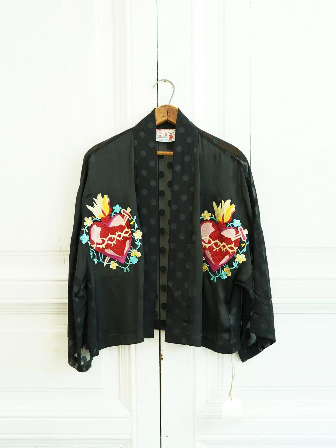 Unlogical Poem Hand-Painted Sacred Heart  Embroidery Patchwork Dot  Kimono