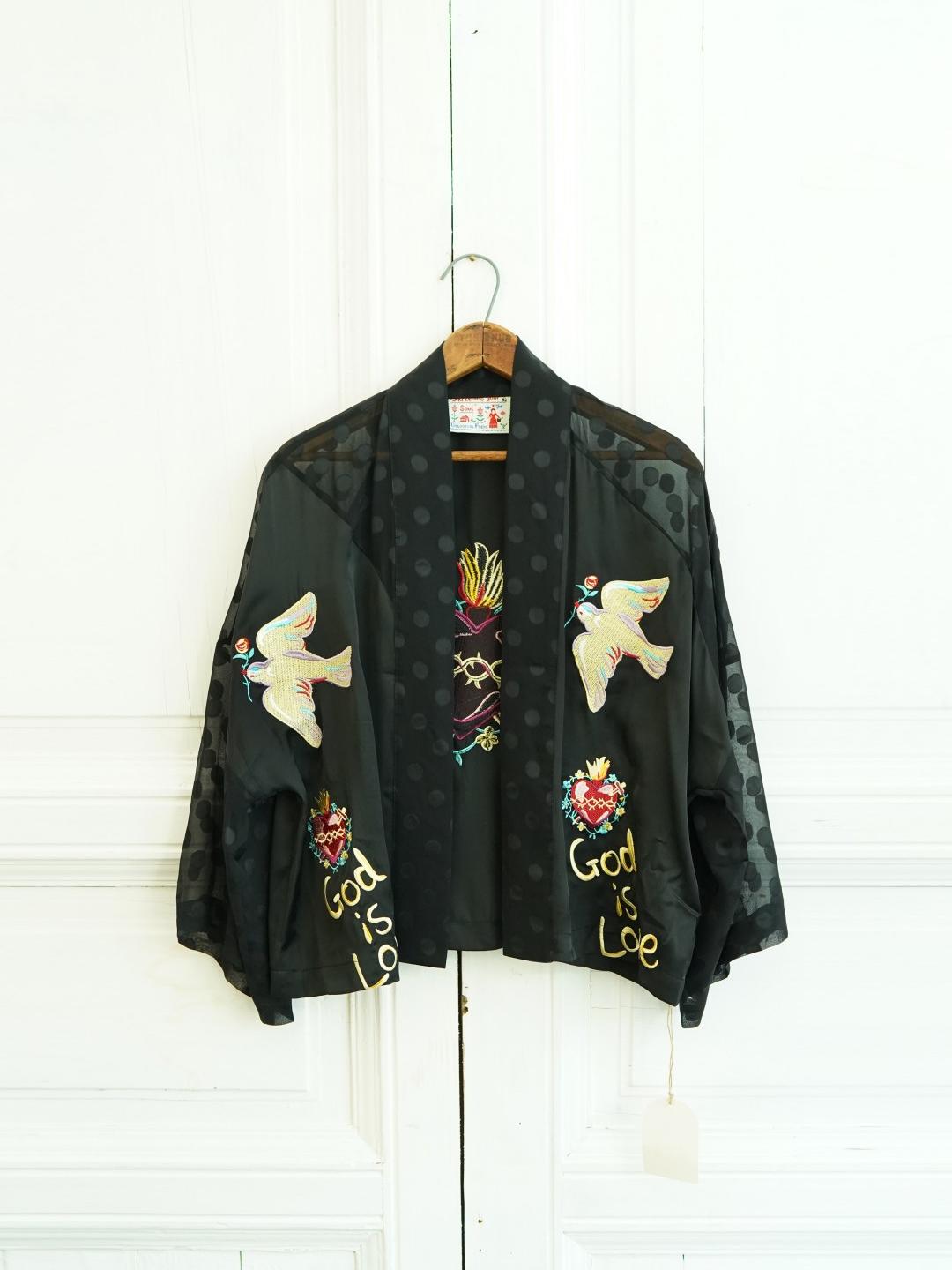 Unlogical Poem Hand-Painted Sacred Heart & Dove Embroidery Patchwork Dot  Kimono