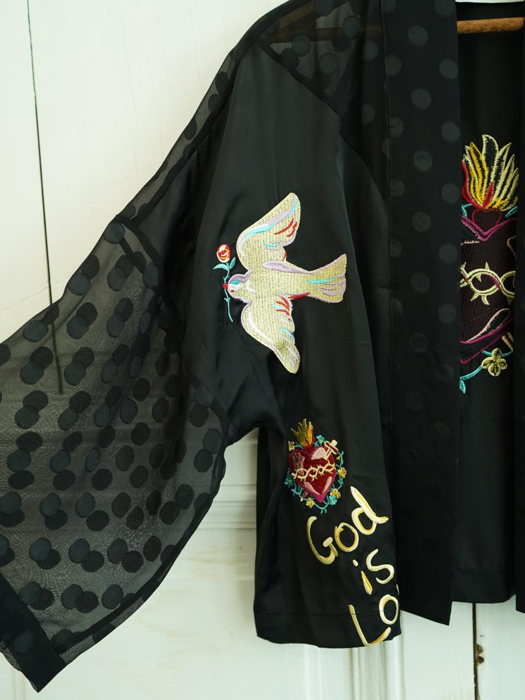 Unlogical Poem Hand-Painted Sacred Heart & Dove Embroidery Patchwork Dot  Kimono