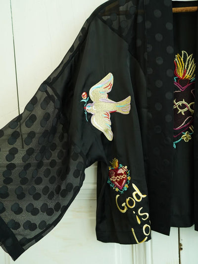 Unlogical Poem Hand-Painted Sacred Heart & Dove Embroidery Patchwork Dot  Kimono