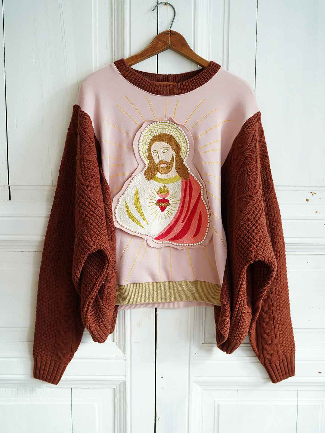 Unlogical Poem Jesus Embroidery Patchwork Knitted Sweatshirt