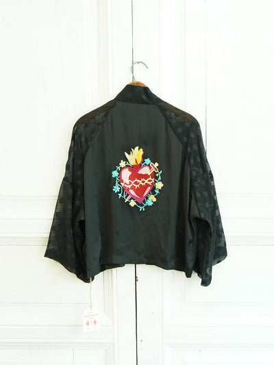 Unlogical Poem Hand-Painted Sacred Heart & Dove Embroidery Patchwork Dot  Kimono