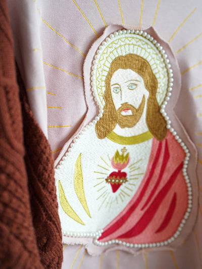 Unlogical Poem Jesus Embroidery Patchwork Knitted Sweatshirt