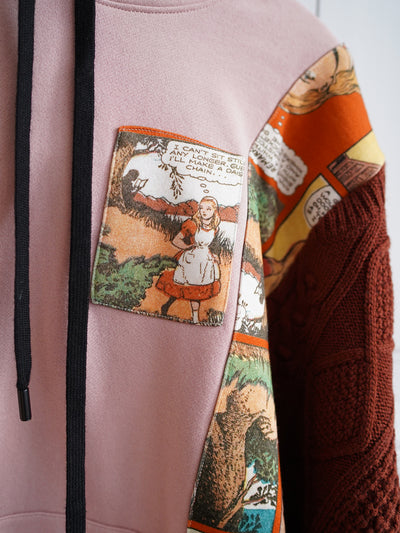 Unlogical Poem Alice in Wonderland Illustration Print Patchwork Knitted Pink Hoodie