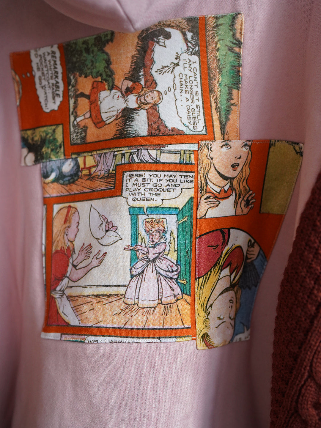 Unlogical Poem Alice in Wonderland Illustration Print Patchwork Knitted Pink Hoodie