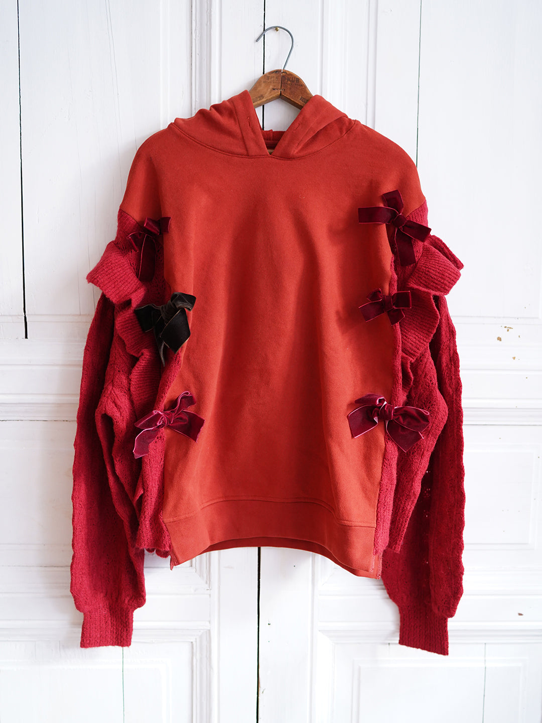 Unlogical Poem Velvet Bow Patchwork Knitted Red Hoodie