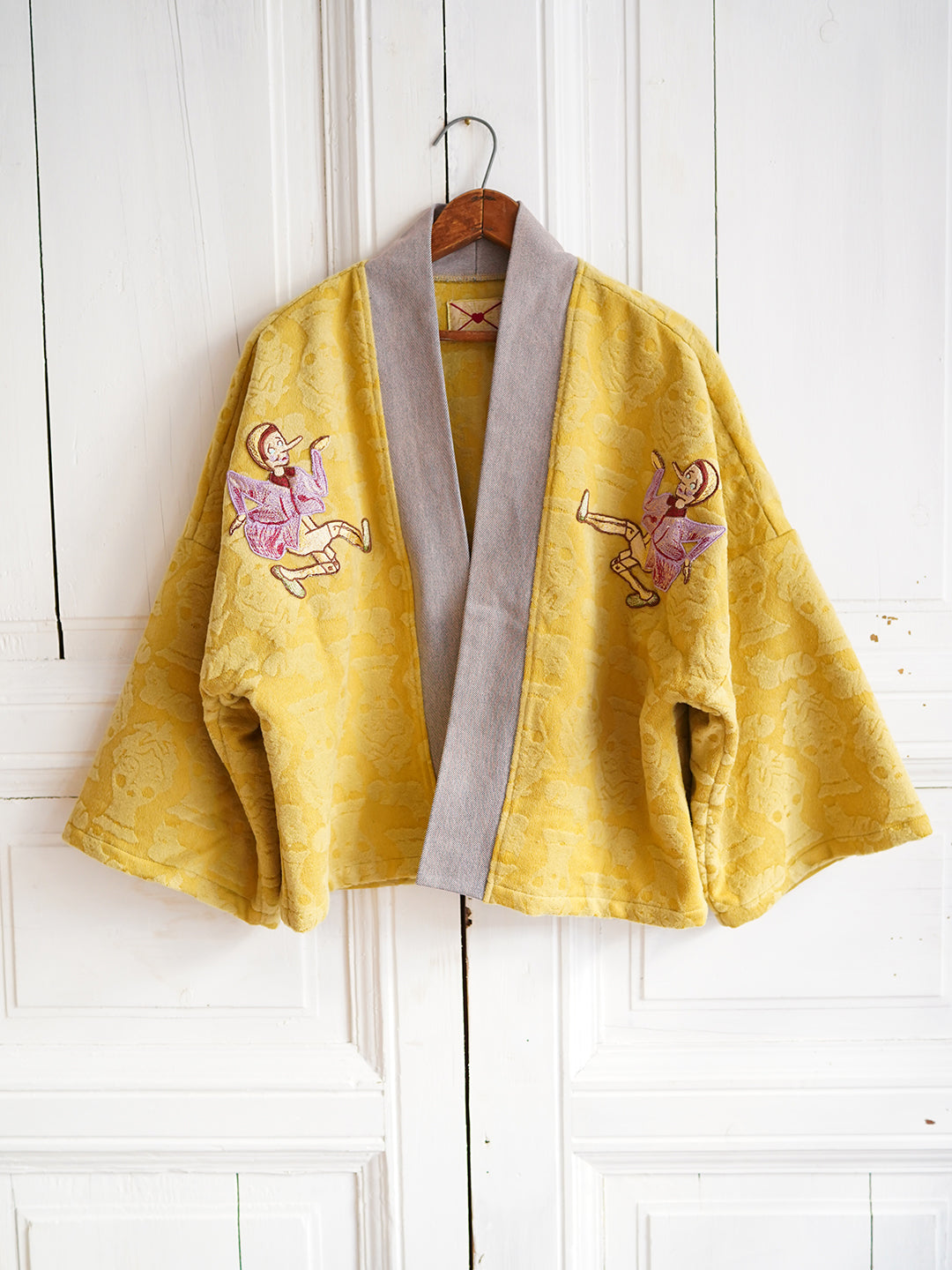 Unlogical Poem Pinocchio Embroidery Patchwork Yellow Kimono