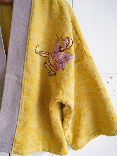 Unlogical Poem Pinocchio Embroidery Patchwork Yellow Kimono